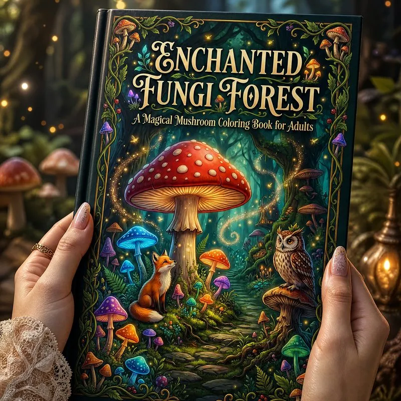 Enchanted Fungi Forest coloring book mockup